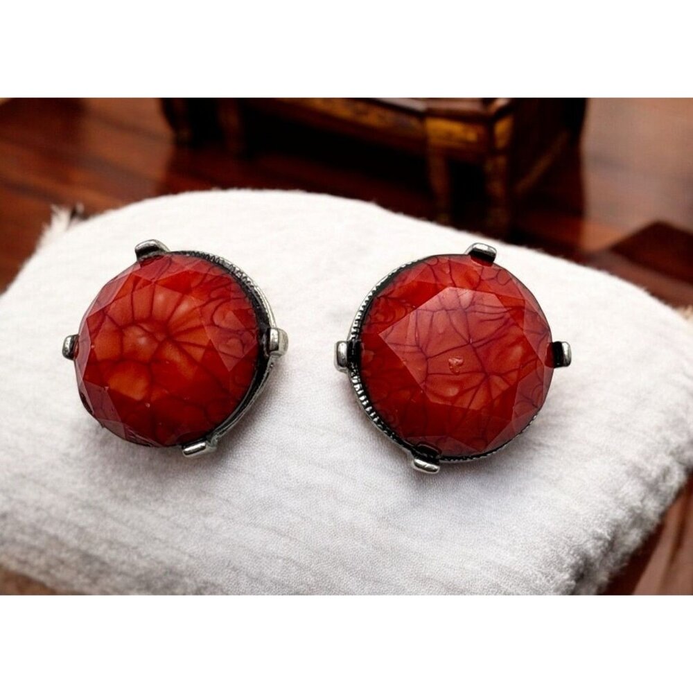 Faceted Round Red Orange Faux Gemstone Stud Earrings Silver Tone